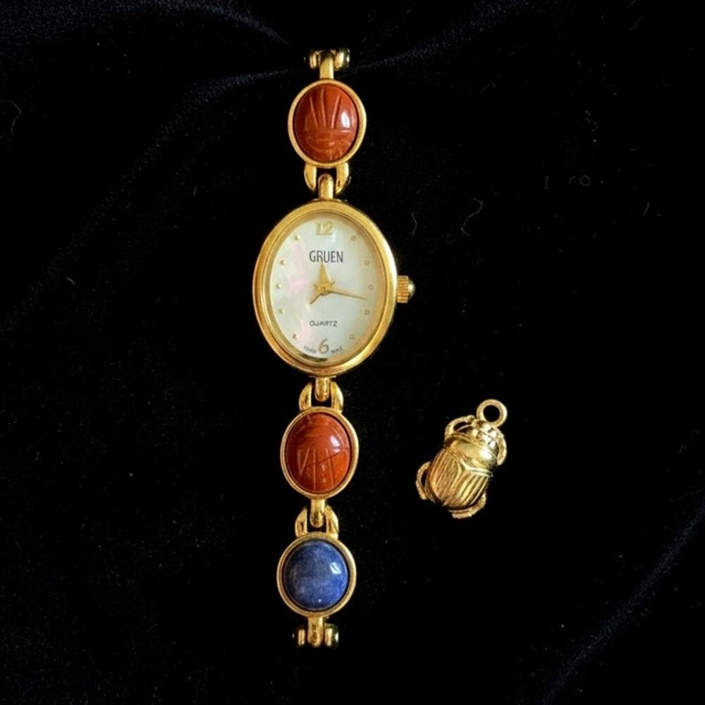 Gruen Scarab Gemstone Bracelet Watch Gold Tone Mother of Pearl Dial